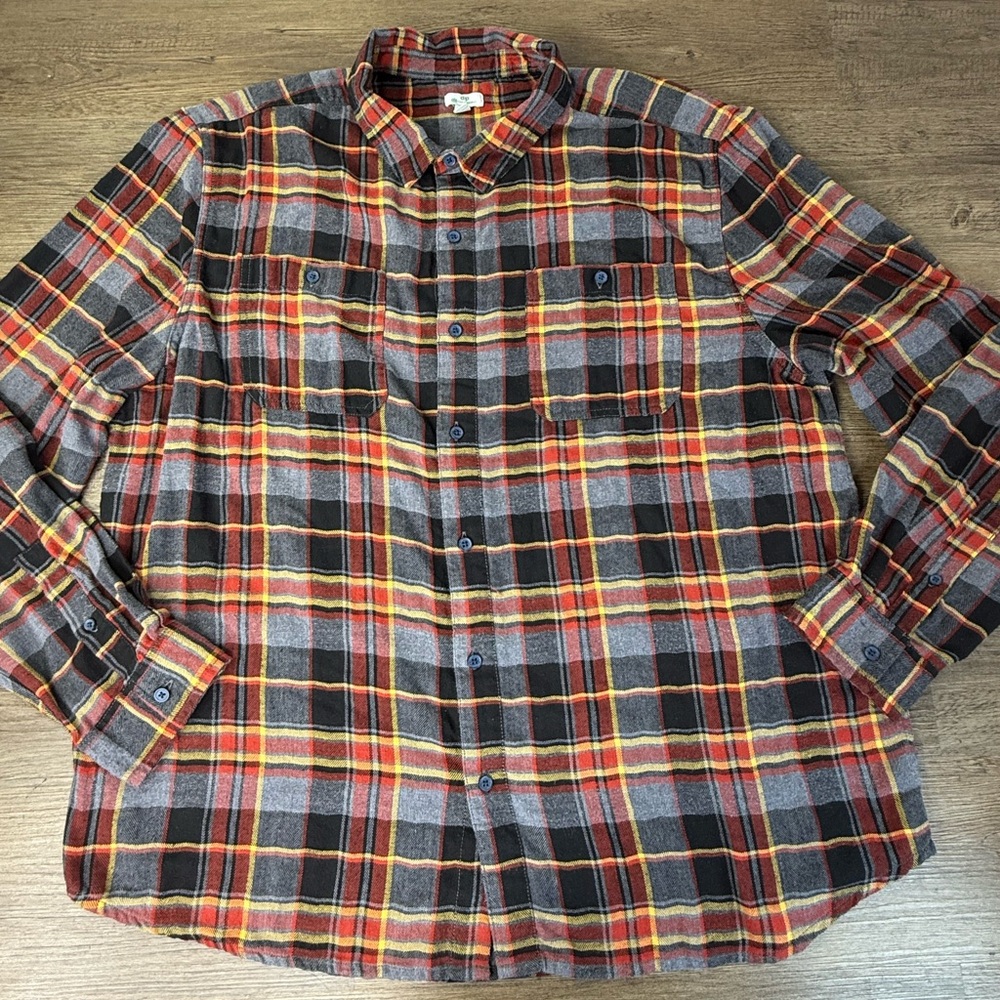 dip eco friendly Men's Plaid Shirt- Red Gray Yellow, recycled material, size XXL